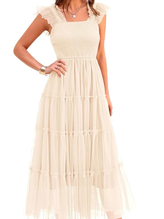PrettyGarden Dresses & Skirts - Smocked Cream Maxi Dress with Tiered Tulle Skirt